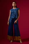 Omana By Ranjana Bothra_Blue Satin Ruffles Round Neck Dull Top And Trouser Set _Online_at_Aza_Fashions