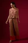 Buy_Omana By Ranjana Bothra_Brown Satin Round Neck Dull Top And Trouser Set _at_Aza_Fashions
