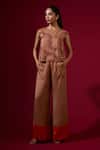 Buy_Omana By Ranjana Bothra_Brown Satin Round Neck Dull Top And Trouser Set _Online_at_Aza_Fashions