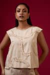 Omana By Ranjana Bothra_Ivory Satin, Organza Ruffles Round Neck Designer Top And Trouser Set _Online_at_Aza_Fashions