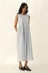 Payal Pratap_Blue Handloom Cotton Round Neck Primula Pleated Dress _Online_at_Aza_Fashions