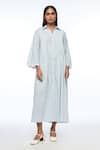 Buy_Payal Pratap_Blue Handloom Cotton Collared Powder Nitida Pleated Tunic _at_Aza_Fashions