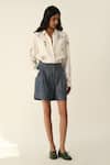 Buy_Payal Pratap_Blue Denim Uniflora Pleated Shorts _at_Aza_Fashions