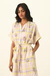 Buy_Payal Pratap_Ivory Handloom Cotton Embroidery Collared Koreana Check Belted Dress _Online_at_Aza_Fashions