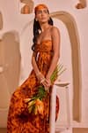 Buy_Nitara Dhanraj Label_Orange Crepe Sweetheart Neck Printed Corset And Draped Skirt Set _Online_at_Aza_Fashions