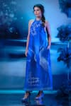Mandira Wirk - Indian_Blue Chanderi Embroidery Halter Neck Kurta Pant Dupatta Set _Online_at_Aza_Fashions