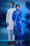 Shop_Mandira Wirk - Indian_Blue Chanderi Sequins, Embroidery V-neck Angarkha Set _Online_at_Aza_Fashions