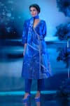 Mandira Wirk - Indian_Blue Chanderi Sequins, Embroidery V-neck Angarkha Set _Online_at_Aza_Fashions