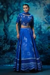 Shop_Mandira Wirk - Indian_Blue Chanderi Embroidery, Sequins Round Neck Lehenga Set _at_Aza_Fashions