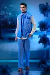 Mandira Wirk - Indian_Blue Chanderi, Linen Embroidery Bundi Kurta Pant Set _Online_at_Aza_Fashions