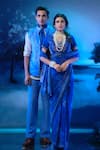 Shop_Mandira Wirk - Indian_Blue Chanderi, Linen Embroidery Bundi Kurta Pant Set _Online_at_Aza_Fashions