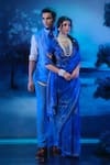 Mandira Wirk - Indian_Blue Chanderi, Linen Embroidery Bundi Kurta Pant Set _at_Aza_Fashions