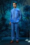 Shop_Mandira Wirk - Indian_Blue Chanderi, Linen Embroidery Kurta Pant Dupatta Set _Online_at_Aza_Fashions