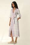 Buy_Payal Pratap_Blue Linen Collared Montana Check Dress _at_Aza_Fashions