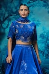 Shop_Mandira Wirk - Indian_Blue Chanderi Embroidery, Sequins Round Neck Lehenga Set _Online_at_Aza_Fashions
