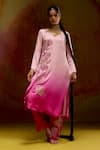 Shop_Kavitha Gutta_Pink Satin Zari V-neck Ombre Kurta Set _at_Aza_Fashions