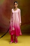 Kavitha Gutta_Pink Satin Zari V-neck Ombre Kurta Set _Online_at_Aza_Fashions