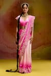 Buy_Kavitha Gutta_Pink Satin Embroidery, Zari V-neck Baby Ombre Saree With Border _at_Aza_Fashions