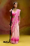 Buy_Kavitha Gutta_Pink Satin Embroidery, Zari V-neck Baby Ombre Saree With Border _Online_at_Aza_Fashions