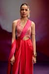Kavitha Gutta_Orange Satin Zari Halter Neck Bold Banarasi Pre-draped Saree Set _Online_at_Aza_Fashions