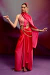 Buy_Kavitha Gutta_Orange Satin Zari Halter Neck Bold Banarasi Pre-draped Saree Set _Online_at_Aza_Fashions