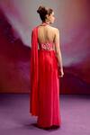 Shop_Kavitha Gutta_Orange Satin Zari Halter Neck Bold Banarasi Pre-draped Saree Set _at_Aza_Fashions