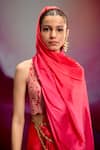 Shop_Kavitha Gutta_Orange Satin Zari Halter Neck Bold Banarasi Pre-draped Saree Set _Online_at_Aza_Fashions