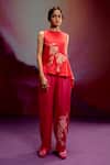Shop_Kavitha Gutta_Pink Satin Zari, Embroidery High Neck Asymmetric Top And Pant Set _at_Aza_Fashions