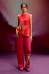 Buy_Kavitha Gutta_Pink Satin Zari, Embroidery High Neck Asymmetric Top And Pant Set _at_Aza_Fashions