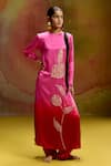 Buy_Kavitha Gutta_Pink Satin Applique Round Neck Ombre And Red Kurta Pant Set _Online_at_Aza_Fashions