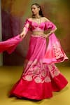 Shop_Kavitha Gutta_Pink Satin Zari, Embroidery Off-shoulder Red Petal Lehenga Set _at_Aza_Fashions