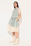 Linetribe__Green Cotton, Linen Lace Round Neck Striped Skirt Set _at_Aza_Fashions