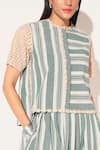 Shop_Linetribe__Green Cotton, Linen Lace Round Neck Striped Skirt Set 