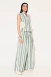 Shop_Linetribe__Green Cotton, Linen V-neck Eira Striped Waist Coat Set _Online_at_Aza_Fashions