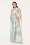 Buy_Linetribe__Green Cotton, Linen V-neck Eira Striped Waist Coat Set _at_Aza_Fashions