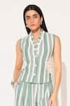 Linetribe__Green Cotton, Linen V-neck Eira Striped Waist Coat Set _at_Aza_Fashions