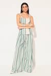 Linetribe__Green Cotton, Linen Square Neck Striped Top And Pants Set _at_Aza_Fashions