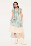 Buy_Linetribe__Green Cotton, Linen Collared Striped Waist Coat And Skirt Set _at_Aza_Fashions