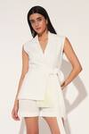 Linetribe__White Cotton V-neck Designer Waist Coat Set _at_Aza_Fashions