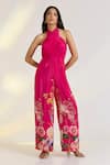 Buy_Ewoke_Pink Crepe Embroidery Halter Neck Floral Hand Jumpsuit _at_Aza_Fashions