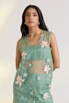Ewoke_Green Organza, Georgette, Satin Embroidery Scoop Neck Vire Hand Kurta Set _at_Aza_Fashions