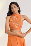Ewoke_Orange Georgette, Satin Embroidery High Neck Tangerine Hand Lehenga Set _Online_at_Aza_Fashions