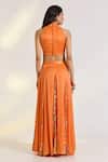 Shop_Ewoke_Orange Georgette, Satin Embroidery High Neck Tangerine Hand Lehenga Set _at_Aza_Fashions