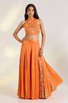 Buy_Ewoke_Orange Georgette, Satin Embroidery High Neck Tangerine Hand Lehenga Set _at_Aza_Fashions