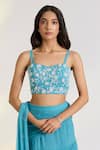 Ewoke_Blue Georgette Embroidery Sweetheart Neck Teal Pre-drape Saree Set _Online_at_Aza_Fashions