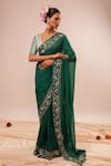 Buy_Kalakari By Akanksha_Green Organza, Chanderi, Silk Embroidery V-neck Dark Hand Saree Set _at_Aza_Fashions