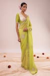 Buy_Kalakari By Akanksha_Green Organza, Chanderi Silk Embroidery V-neck Light Designer Saree With Blouse _Online_at_Aza_Fashions