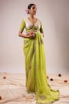 Buy_Kalakari By Akanksha_Green Organza, Chanderi Silk Embroidery V-neck Light Designer Saree With Blouse _at_Aza_Fashions