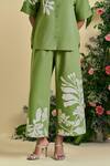 Origani_Green Linen Embroidery Collared Chanderi Silk Shirt And Pant Set _Online_at_Aza_Fashions