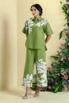Buy_Origani_Green Linen Embroidery Collared Chanderi Silk Shirt And Pant Set _at_Aza_Fashions